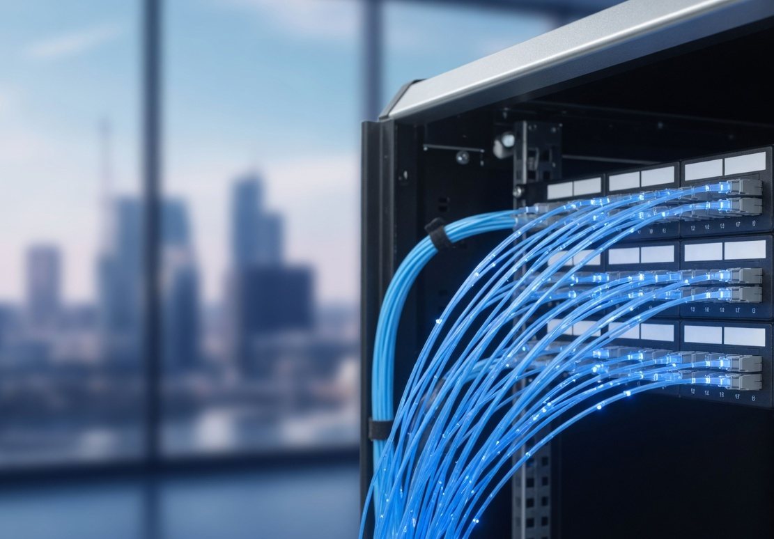 Glowing blue fibre-optic cables in a communications cabinet