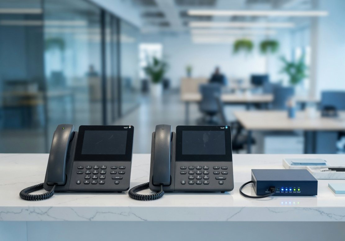 Two IP desk phones and a gateway on a reception desk